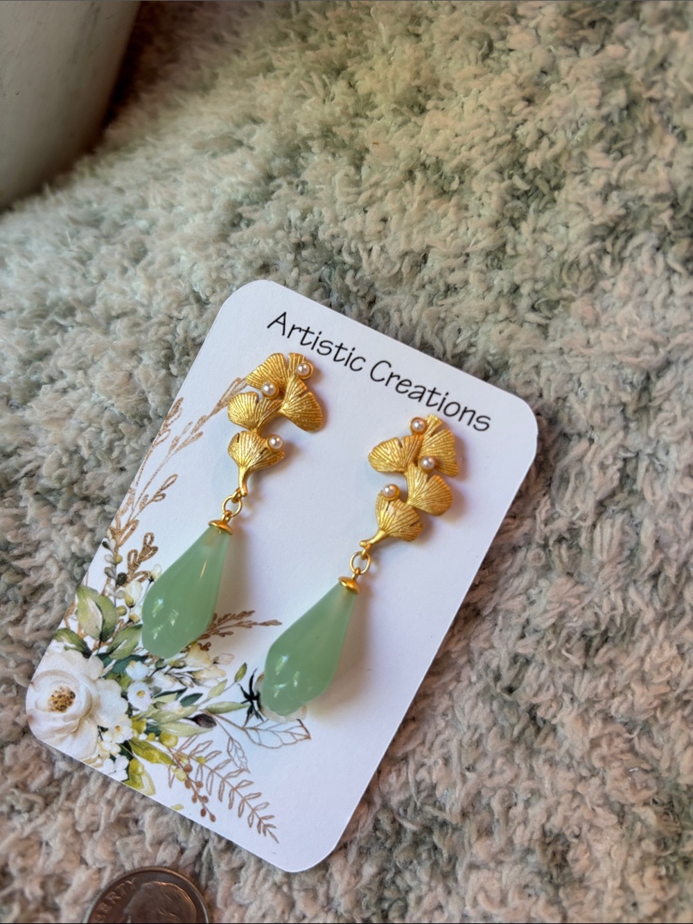 Artistic Creations Gold Ginkgo Leaf Drop Earrings w/ Green Teardrop NWT 1.75” - Picture 3 of 11